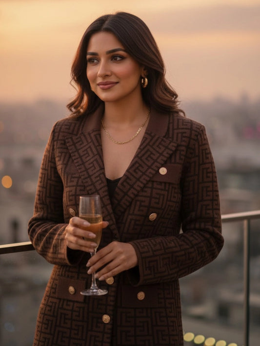 Chocolate Brown Geometric Print Skirt & Blazer Co-ord Set