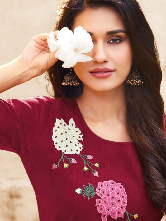Berry Red Rayon Kurti with Scalloped Hem and Floral Appliqué