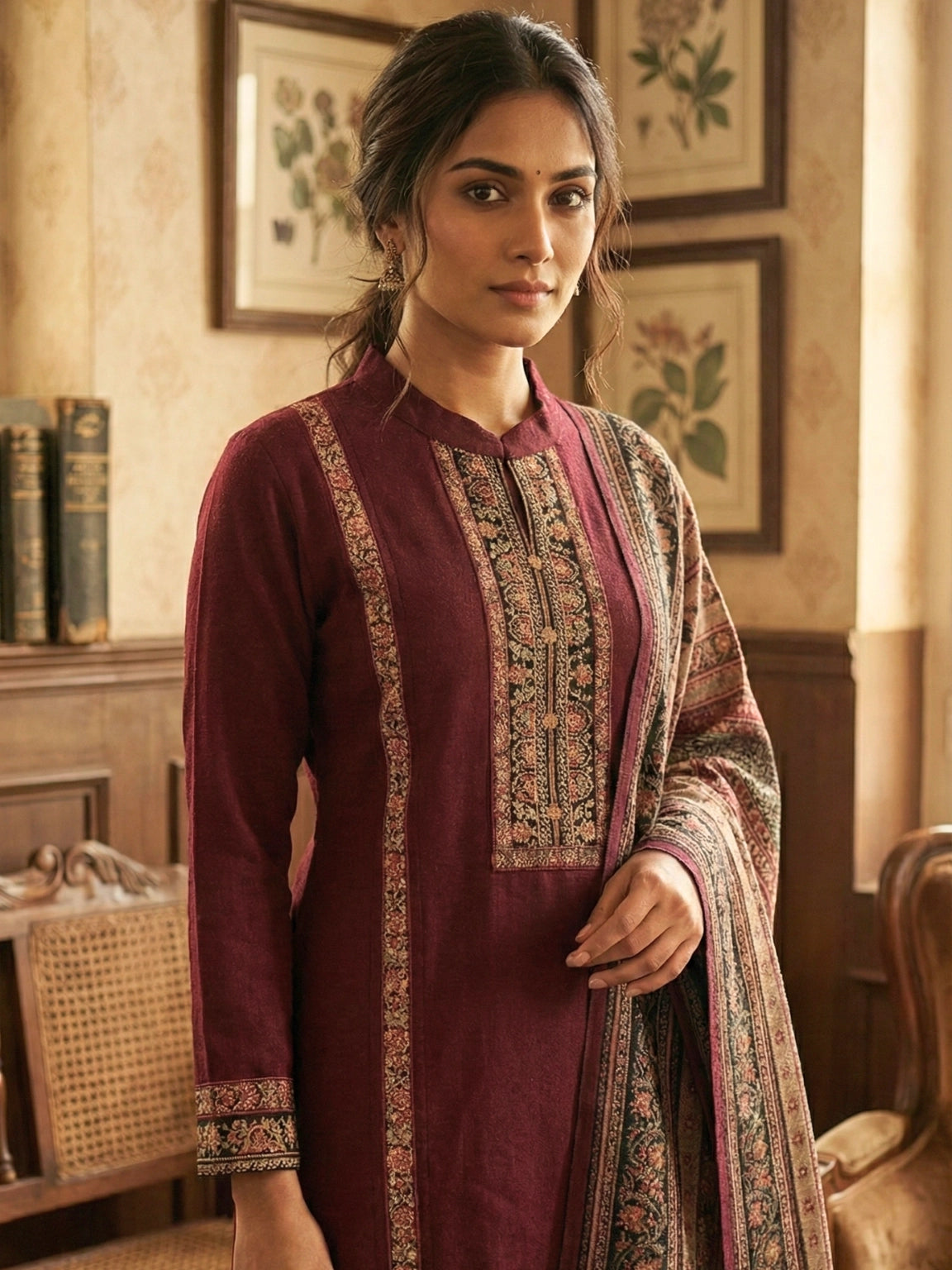 Deep Maroon Straight Fit Kurta Set with Printed Shawl