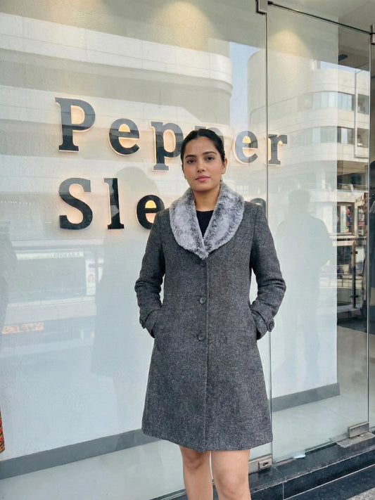 Charcoal Grey Faux Fur Collar Coat