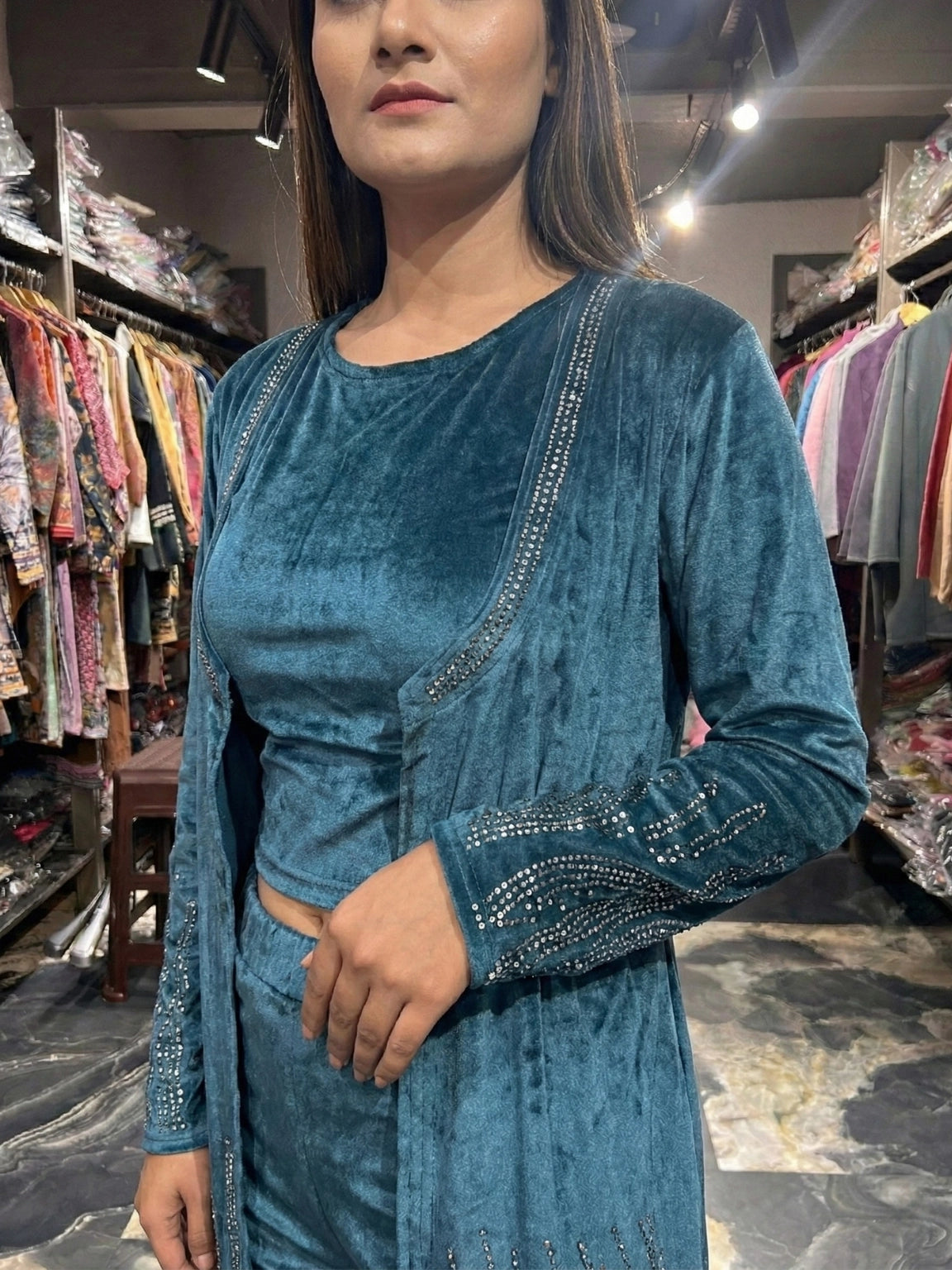 Teal Blue Embellished 3-Piece Jacket Co-ord Set