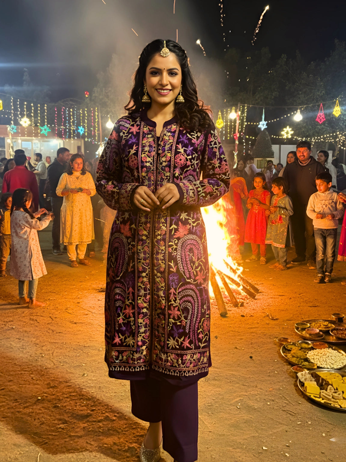 Deep Purple Embroidered Velvet Long Kurta Set