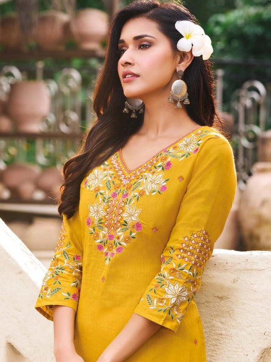 Sunny Yellow Rayon Kurti with Multi-Color Embroidered Yoke