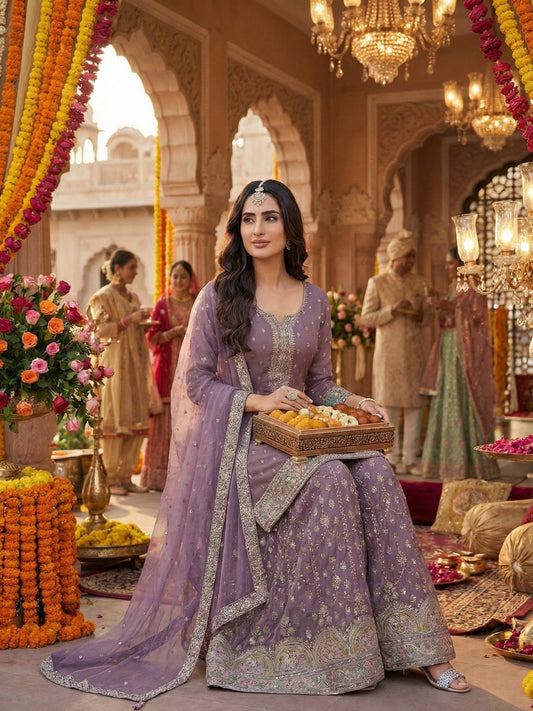 Mauve Purple Zari Embroidered Sharara Set