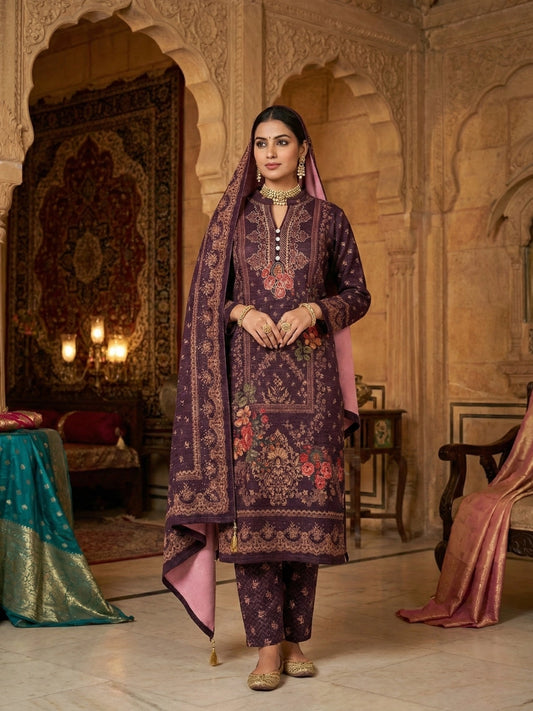 Deep Purple Floral Print 3-Piece Ethnic Suit Set