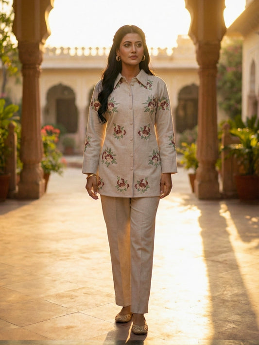 Beige Rose Patterned Button-Down Co-ord Set