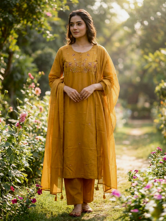 Mustard Ochre Floral Embroidered Kurta Set