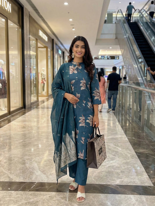 Teal Blue Floral Print Straight Suit Set