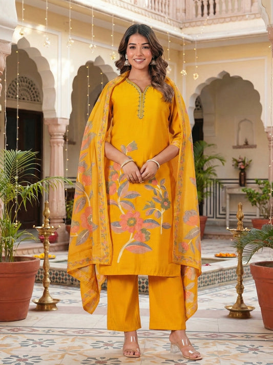 Mustard Yellow Floral Embroidered Straight Suit Set