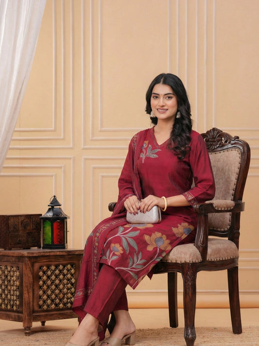 Maroon Floral Embroidered V-Neck Suit Set