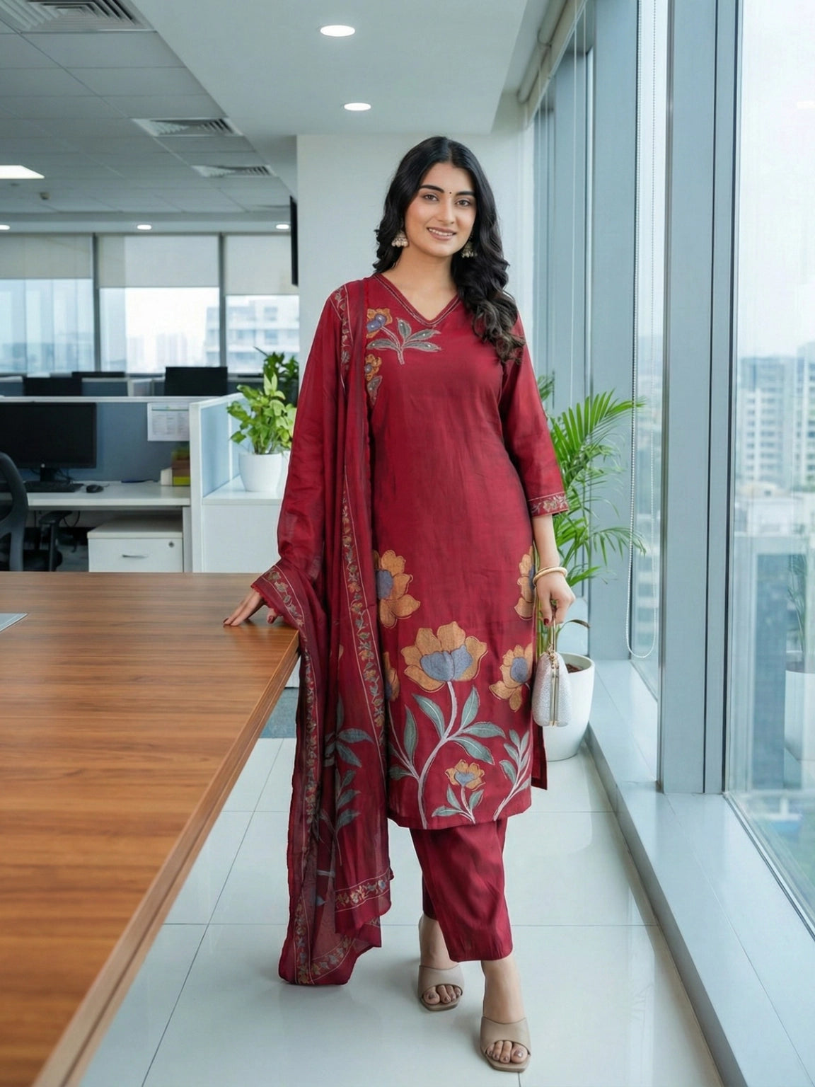 Maroon Floral Embroidered V-Neck Suit Set