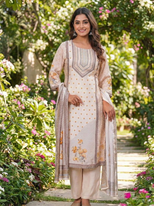 Cream & Soft Yellow Floral Print Kurta Set
