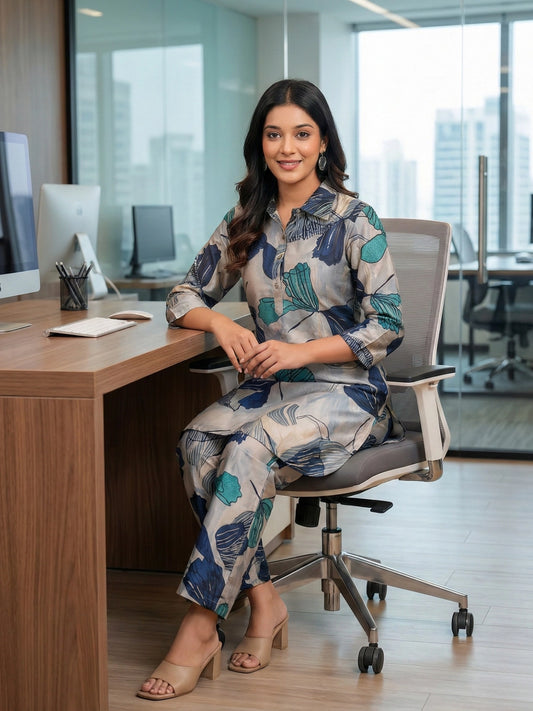 Grey, Indigo & Teal Botanical Print Collared Co-Ord Set