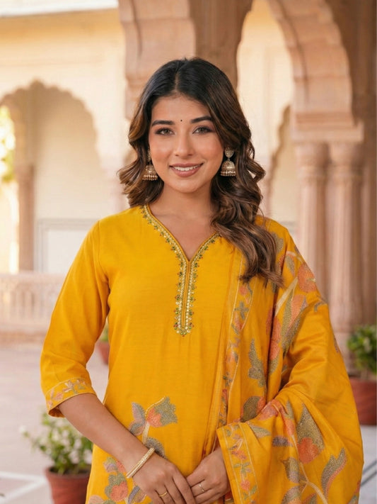 Mustard Yellow Floral Embroidered Straight Suit Set