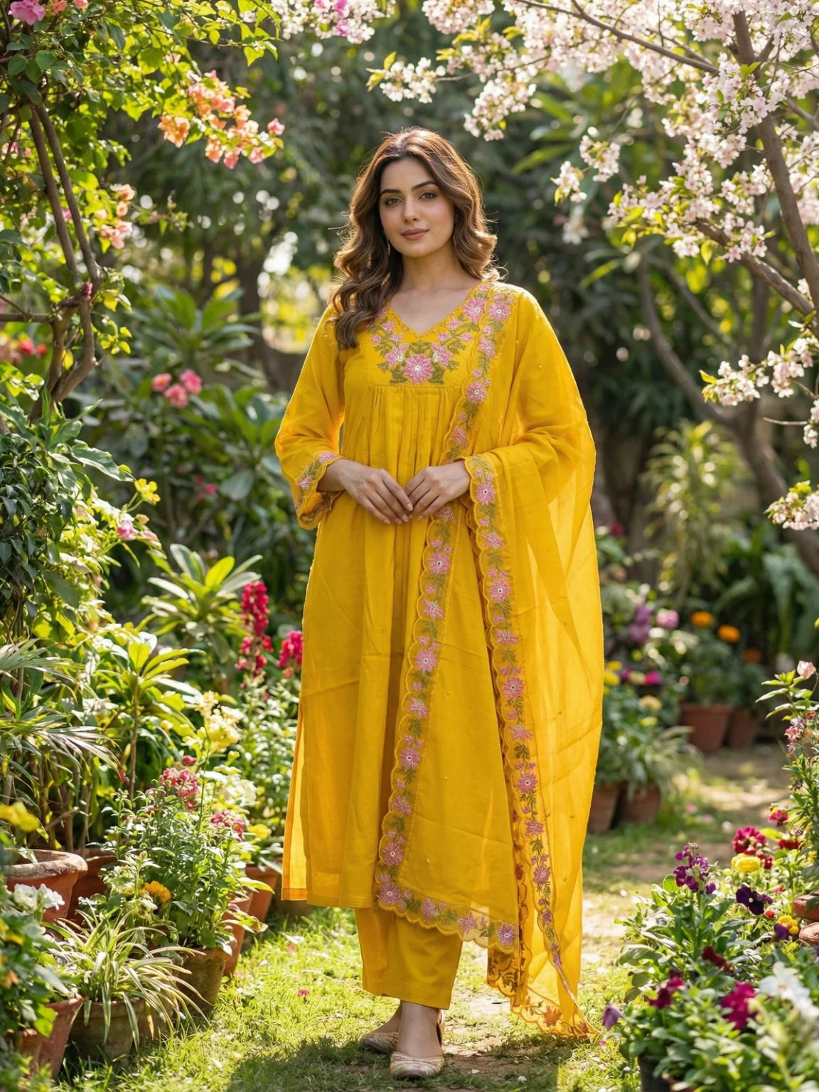 Sunshine Bloom: Yellow Cotton Floral Suit Set
