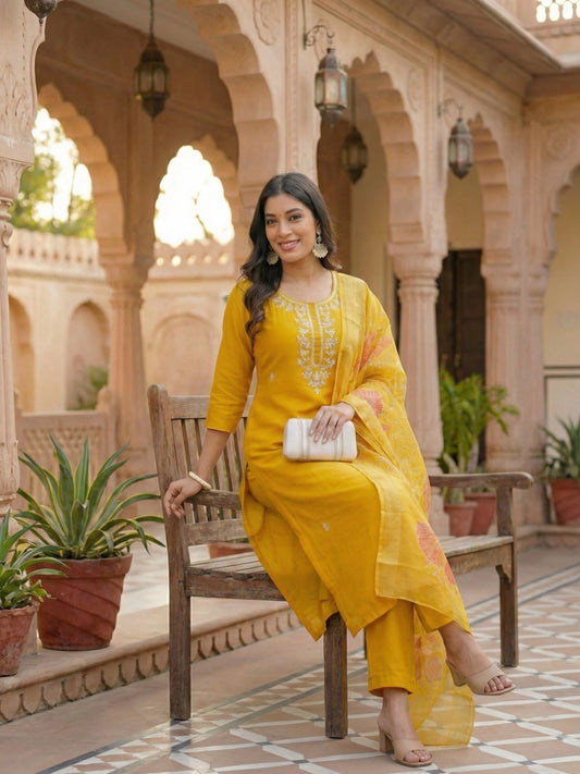 Mustard Yellow Embroidered Straight Suit Set with Floral Dupatta