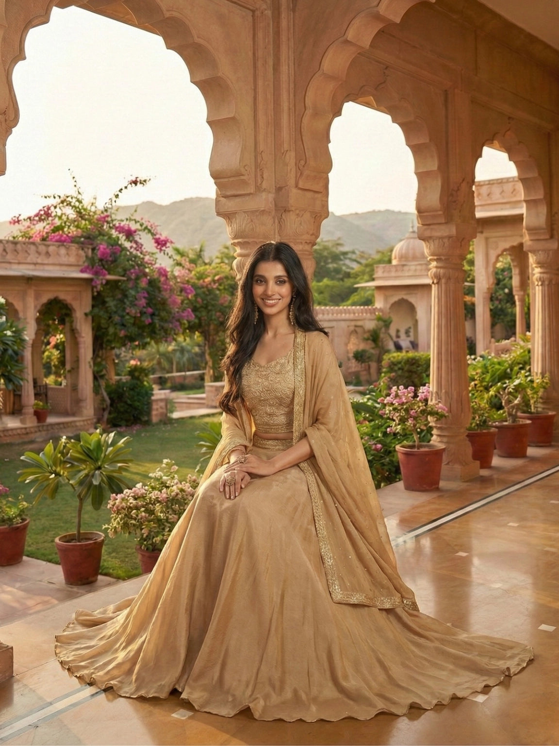 Golden Beige Embroidered Crop Top and Skirt Set with Dupatta