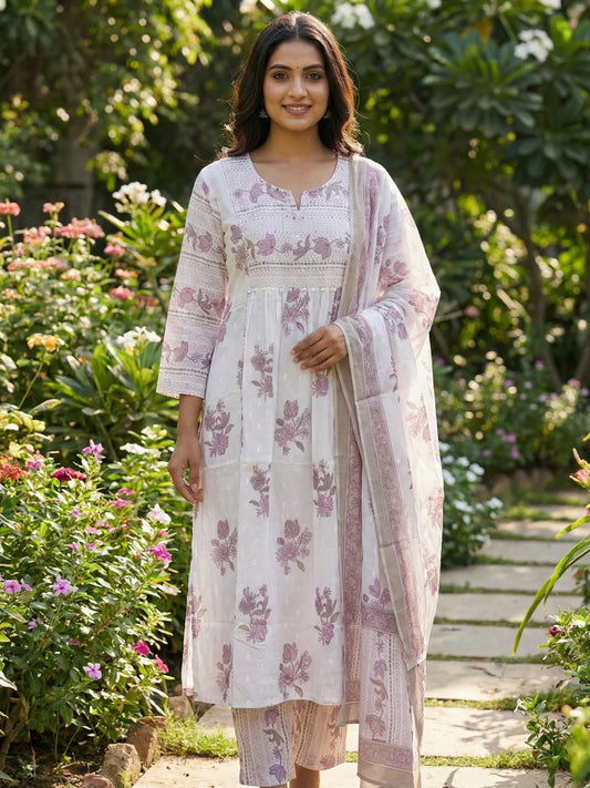 Mauve Floral Elegance Cotton Anarkali Set