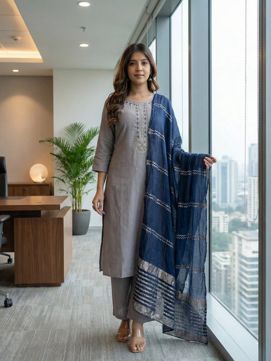 Steel Grey & Navy Blue Embroidered Straight Suit Set