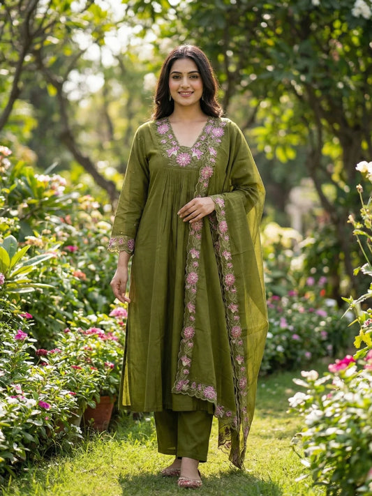 Olive Green Embroidered Anarkali Set