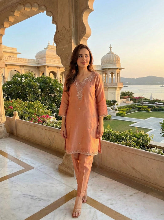 Peach Zari Embroidered Designer Co-Ord Set