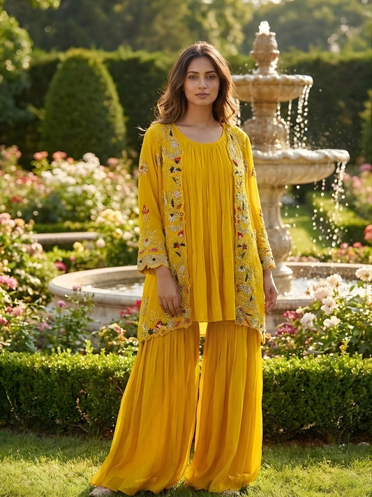 Mustard Yellow Embroidered Sharara Set with Long Shrug