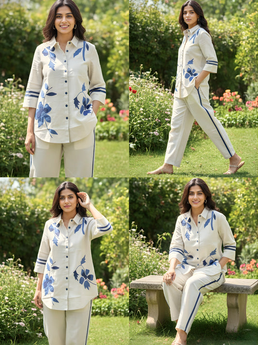 Cream & Blue Floral Applique Co-Ord Set