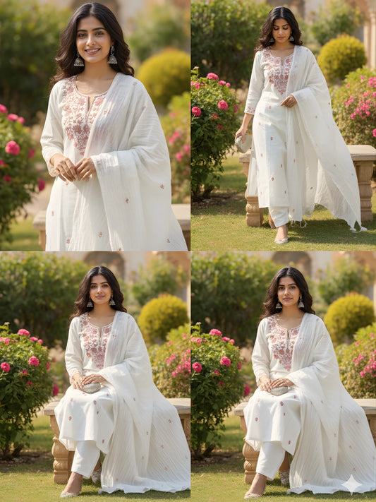 Ivory White & Dusty Rust Floral Embroidered Suit Set