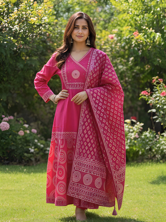 Radiant Rani Pink Angrakha Style Printed Anarkali Suit Set