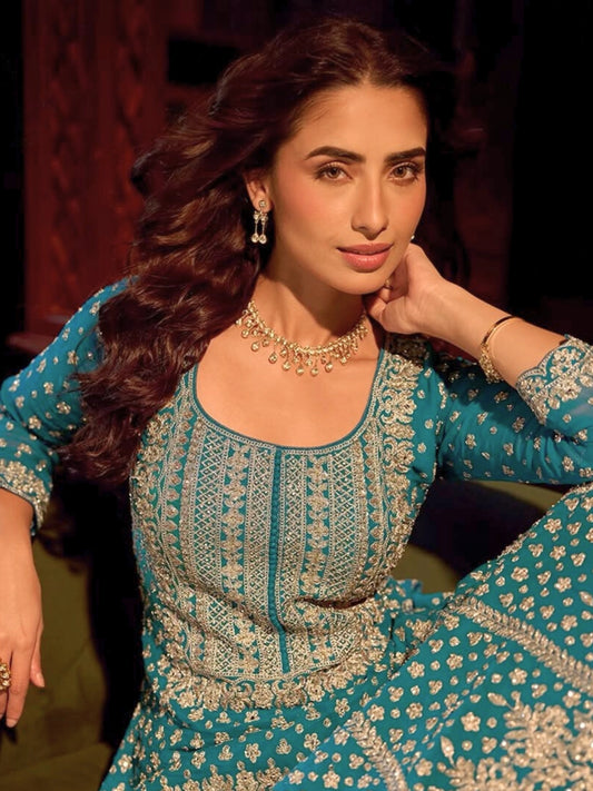 Teal Blue Heavy Embroidered Kurti with Flared Skirt Set