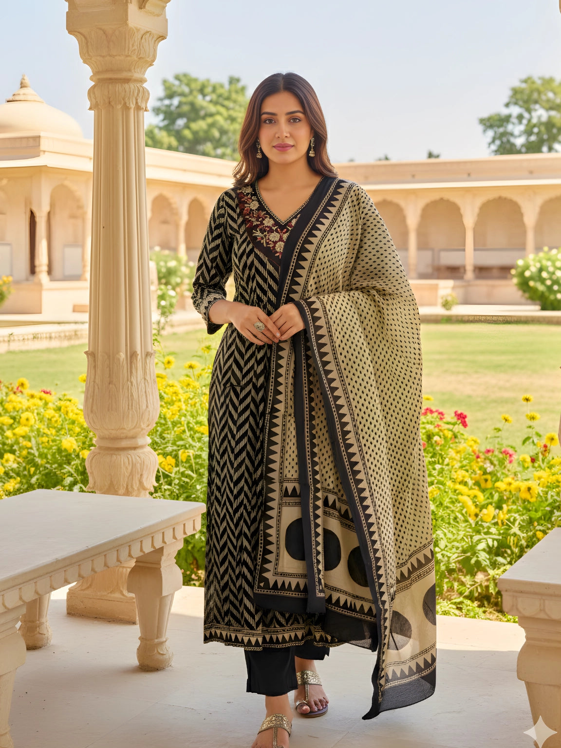 Black & Beige Geometric Print Suit Set