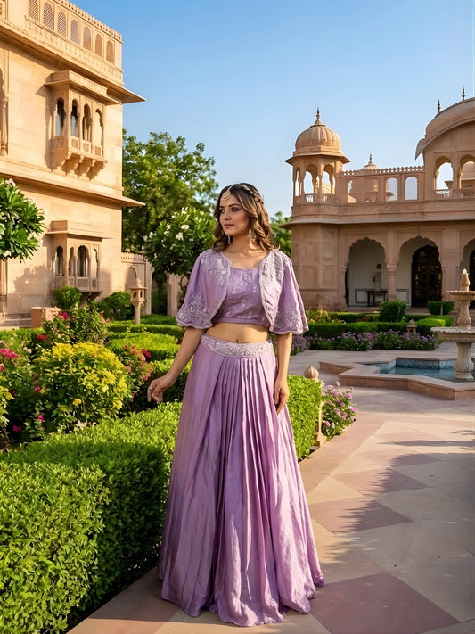 Lavender Embroidered Crop Top with Skirt and Shrug Set