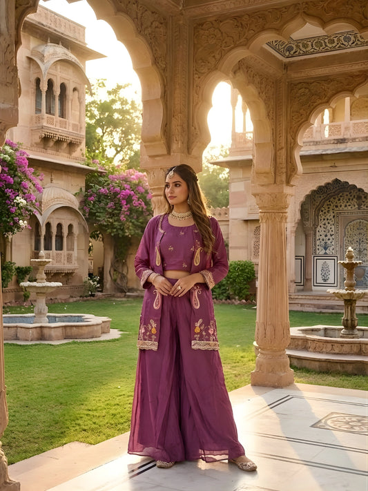 Plum Purple Embroidered Co-ord Set with Jacket