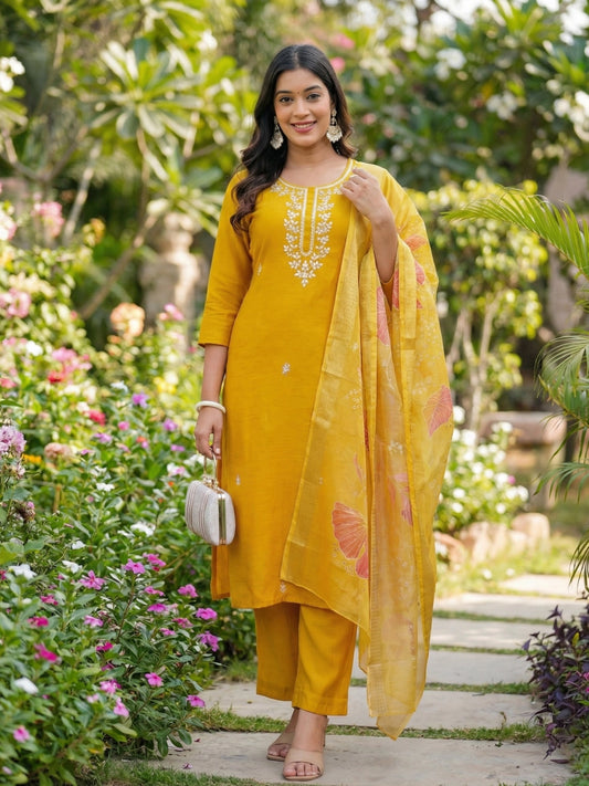 Mustard Yellow Embroidered Straight Suit Set with Floral Dupatta