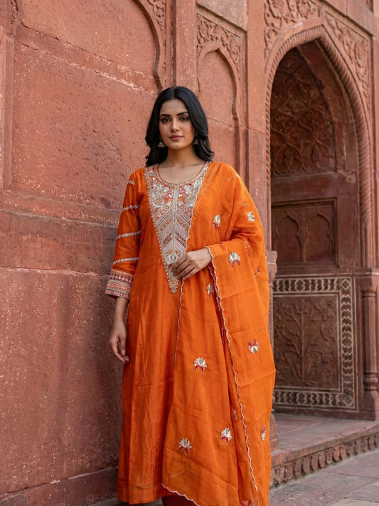 Vibrant Burnt Orange Hand-Embroidered Anarkali Set