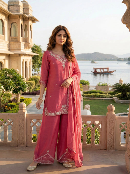 Rose Pink Embroidered Straight Kurta with Palazzo & Dupatta