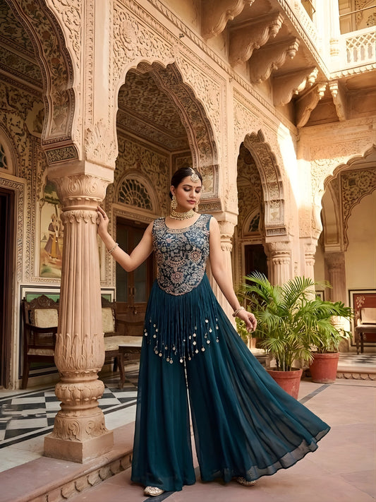 Peacock Blue Embroidered Indo-Western Jumpsuit with Coin Tassels