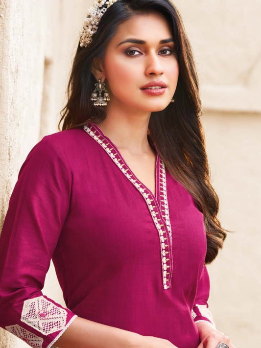 Vibrant Magenta Rayon Kurti with Geometric & Floral Embroidery