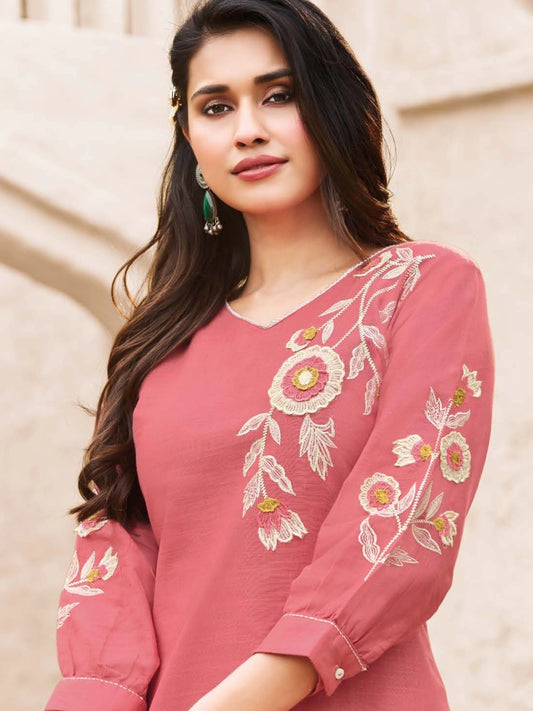Blush Pink Rayon Kurti with Intricate Gold Thread Embroidery