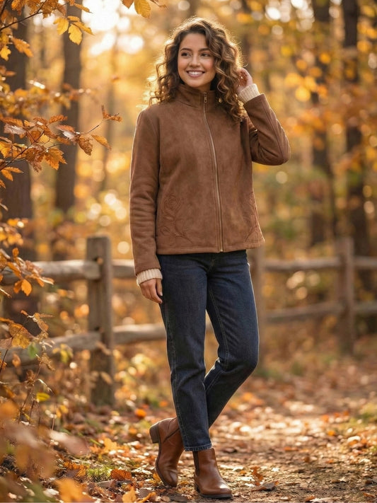 Rustic Brown Embroidered Zip-Up Jacket