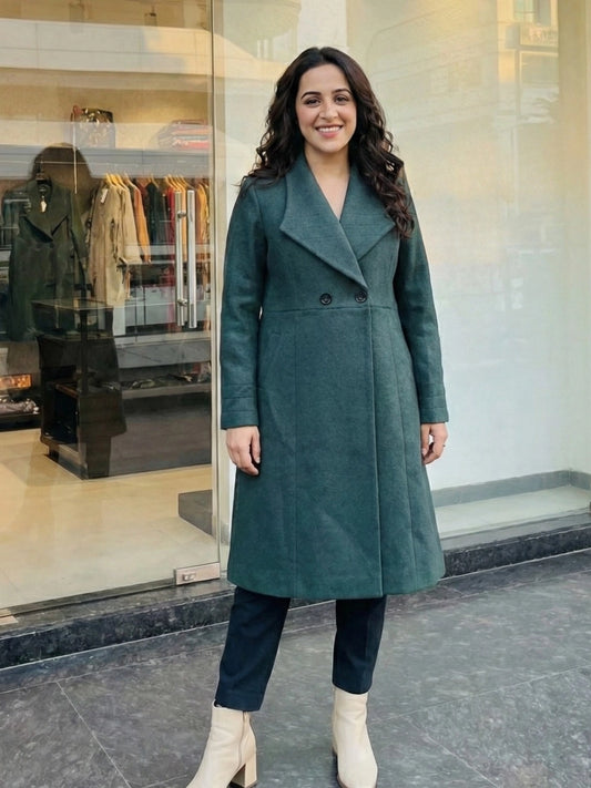 Forest Green Wide-Lapel Long Coat
