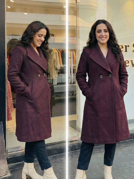Deep Maroon Lapel Collar Long Coat