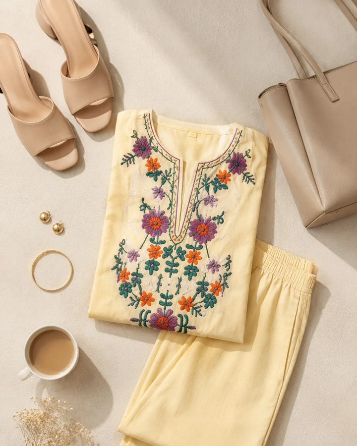 Office-ready ethnic co-ord set flat-lay — styled with block heels and a structured tote from Pepper Sleeve