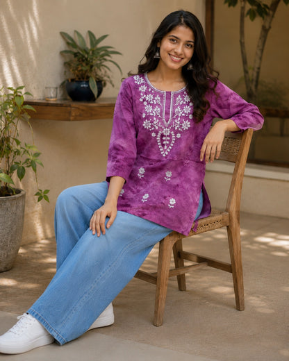 Chikankari Tie-Dye Round Neck Cotton Kurti