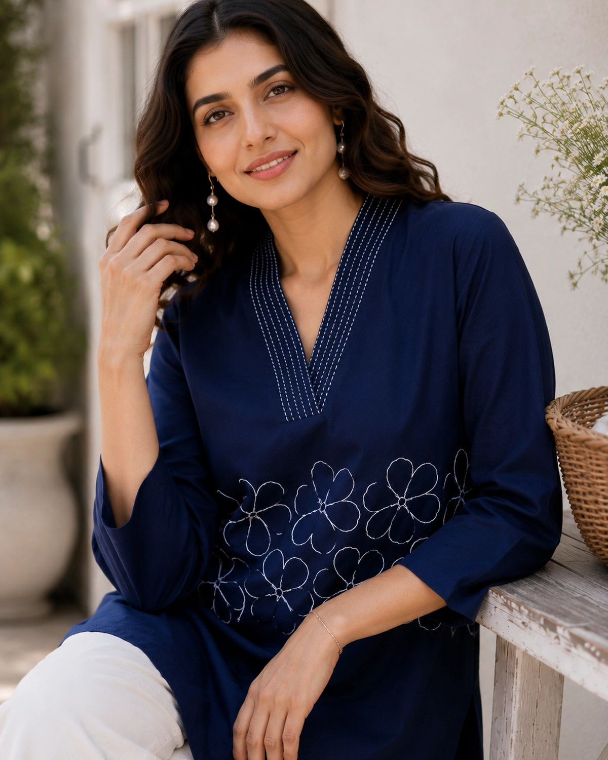 Embroidered V-Neck Three-Quarter Sleeve Cotton Kurti