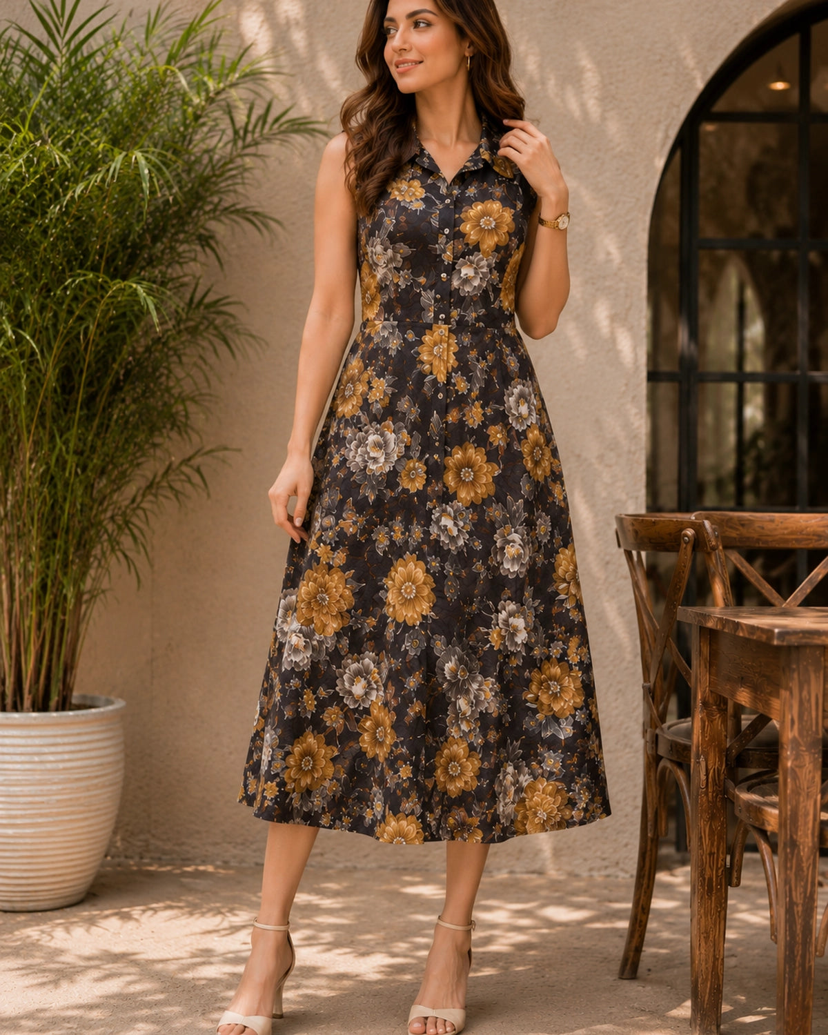 Floral Print Sleeveless Collared Rayon Midi Dress for Vacation