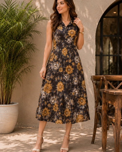 Floral Print Sleeveless Collared Rayon Midi Dress for Vacation