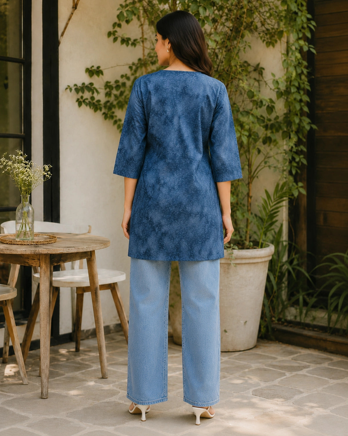 Chikankari Tie-Dye Round Neck Cotton Kurti