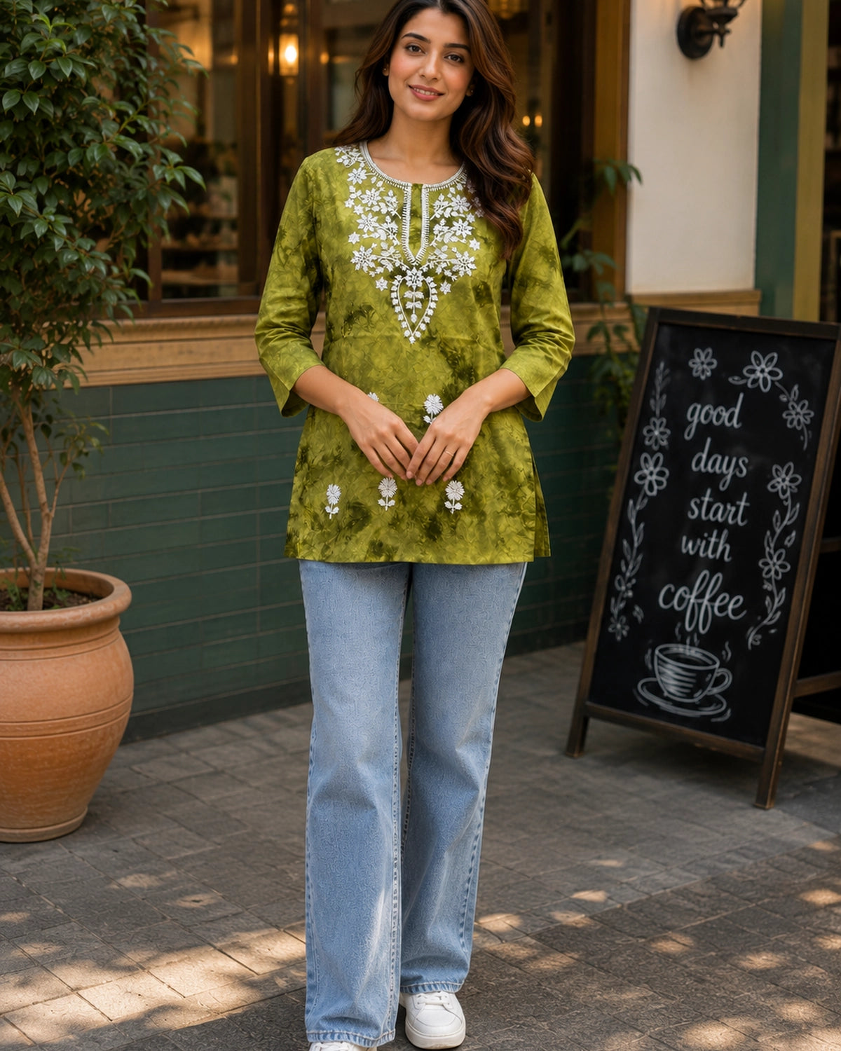 Chikankari Tie-Dye Round Neck Cotton Kurti