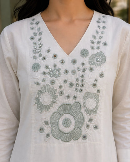 Floral Embroidered V-Neck Flared Cotton Co-ord Set